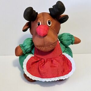Vintage Christmas Decor Reindeer 12" PUFFALUMPS Green Holiday Storage Basket